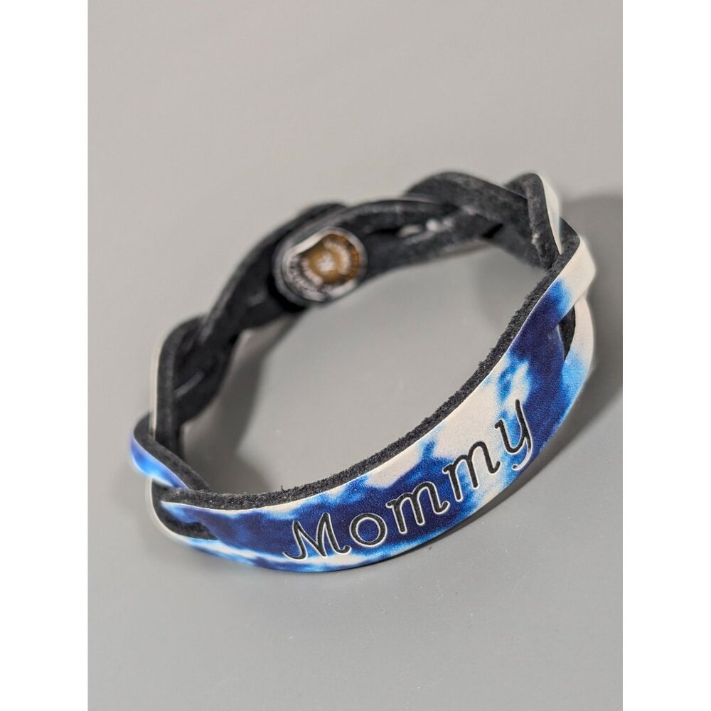 Leather Treaty Blue Tye Dye Mommy Braided Snap Cuff Bracelet 7"